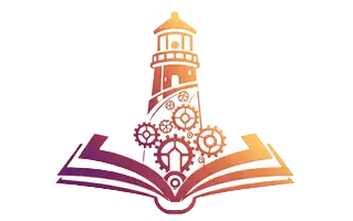 LighthousePro Media Logo - Lighthouse on an open book with gears